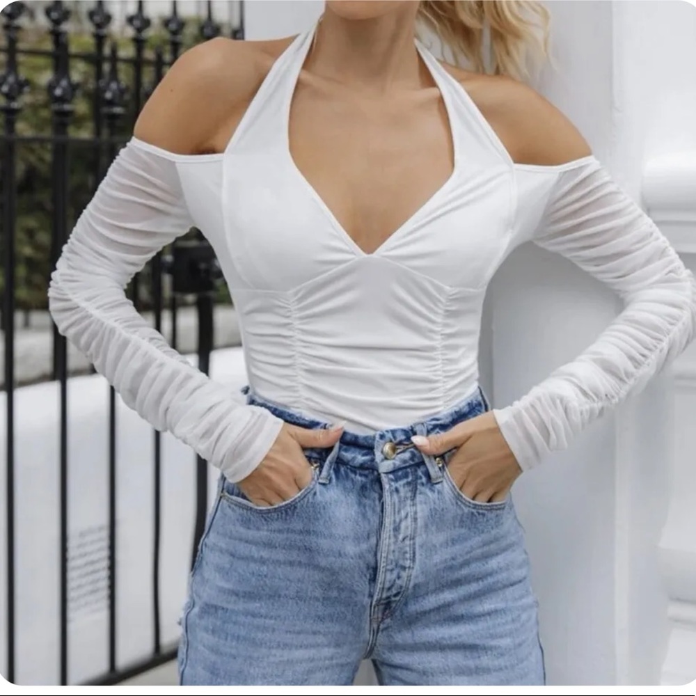 Women’s Shein Cute Trendy Fashion Top White Sheer Sleeve Party Summer New SM
